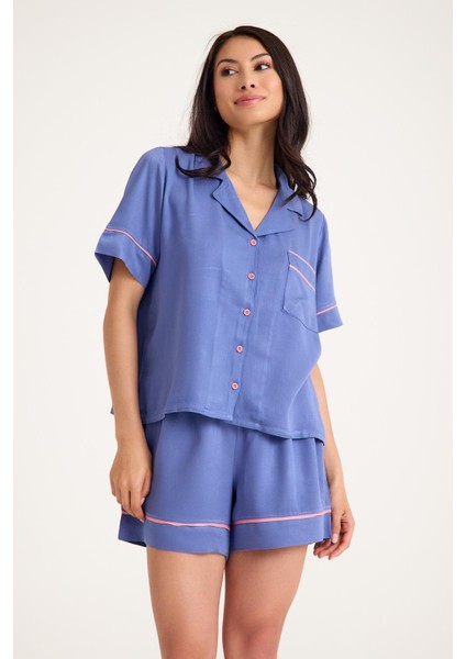 Dream Gri Mavi Viskon Kumaş Maskülen Şort Pijama Takım