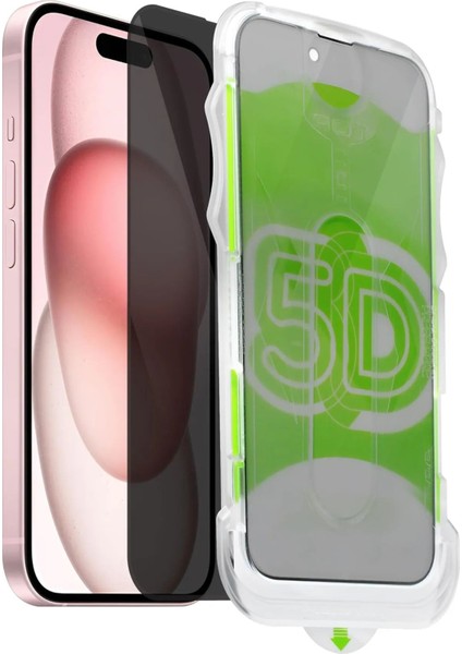 Apple iPhone 15 Uyumlu Kolay Uygulama Aparatlı Siyah Çerçeveli Tam Kapatan Hayalet Cam Ekran Koruyucu