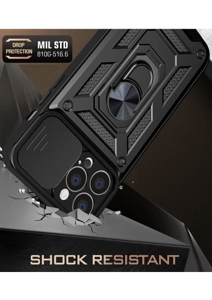 Apple iPhone 14 Pro Kılıf Kamera Korumalı Sürgülü Yüzüklü Armor Military Tank