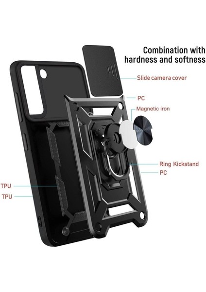 Samsung Galaxy S22 Plus Uyumlu Kılıf Kamera Korumalı Sürgülü Yüzüklü Armor Military Tank Zırhlı