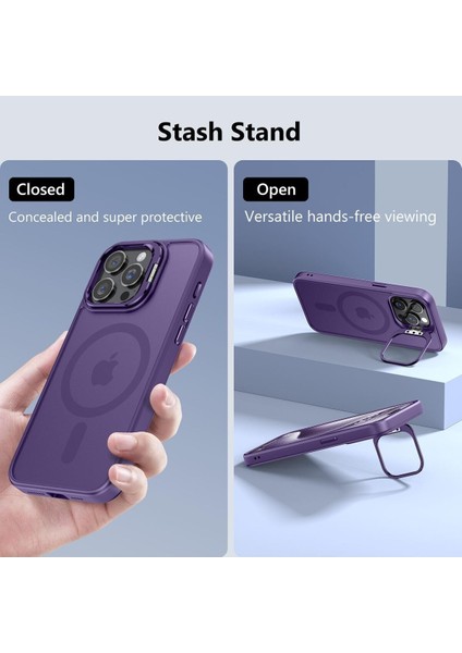 Apple iPhone 15 Pro Max Kılıf Standlı Mat Magsafe Metal Tuşlu Kamera Lens Hediyeli Wonk Kapak
