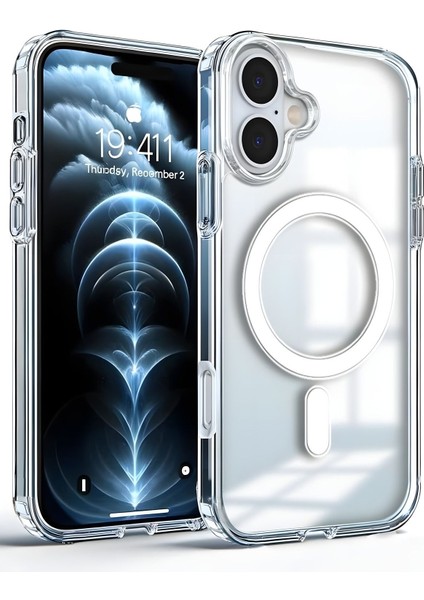 Apple iPhone 16 Kılıf Magsafe Wireless Kablosuz Şarj Destekli Sert Şeffaf Darbe Emici Kapak