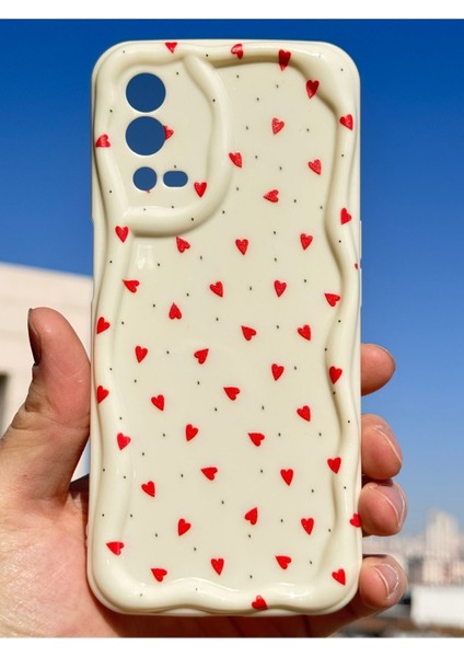 Oppo A55 4g Kılıf Kamera Korumalı Dalga Kenarlı Kırmızı Kalp Desenli Silikon Kapak