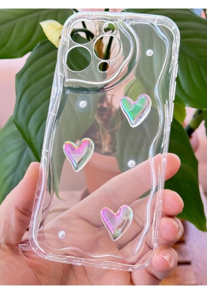 Apple iPhone 13 Pro Kılıf 3D Kalpli Inci Tasarımlı Desenli Kamera Korumalı Şeffaf Silikon Kapak