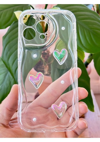 Apple iPhone 13 Pro Kılıf 3D Kalpli Inci Tasarımlı Desenli Kamera Korumalı Şeffaf Silikon Kapak