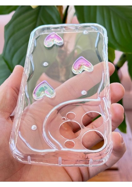 Apple iPhone 13 Pro Kılıf 3D Kalpli Inci Tasarımlı Desenli Kamera Korumalı Şeffaf Silikon Kapak