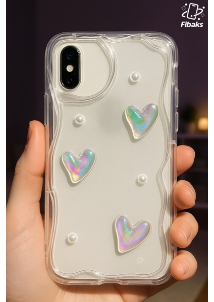 Apple iPhone Xs Max Kılıf 3D Kalpli Inci Tasarımlı Desenli Kamera Korumalı Şeffaf Silikon Kapak