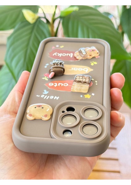 Apple iPhone 12 Pro Max Kılıf Tasarımlı Desenli Kamera Korumalı Ayıcık Kahve Yumuşak Silikon Kapak