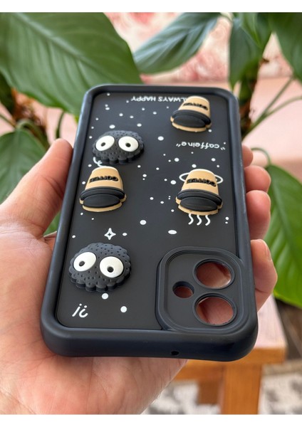 Samsung Galaxy A06 Uyumlu Kamera Korumalı Coffee Kurabiye Figürlü Siyah Yumuşak Silikon Kapak