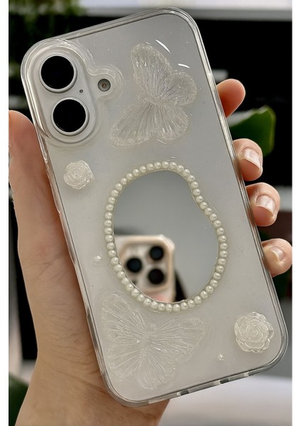Apple iPhone 16 Kılıf 3D Kelebek Gül Desenli Aynalı Simli Şeffaf Tasarımlı Silikon Kapak