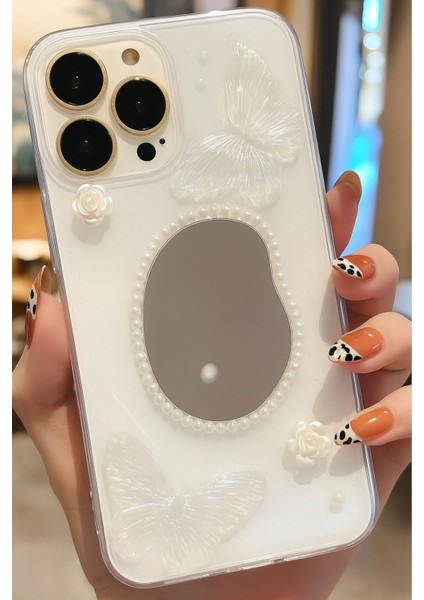 Apple iPhone 11 Pro Max Kılıf 3D Kelebek Gül Desenli Aynalı Simli Şeffaf Tasarımlı Silikon Kapak