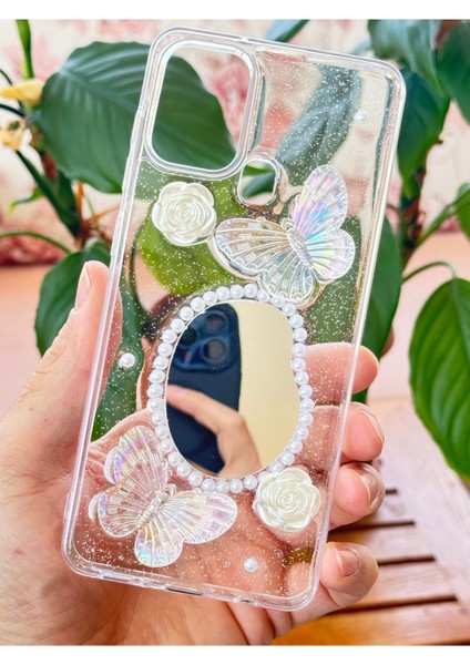 Samsung Galaxy A21S Kılıf 3D Kelebek Gül Desenli Aynalı Simli Şeffaf Tasarımlı Silikon Kapak