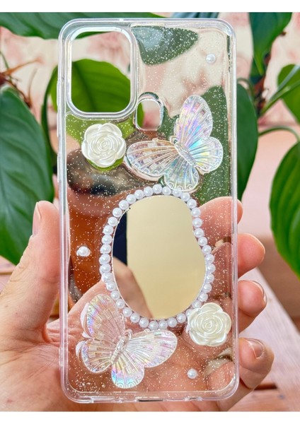 Samsung Galaxy A21S Kılıf 3D Kelebek Gül Desenli Aynalı Simli Şeffaf Tasarımlı Silikon Kapak fiyatları