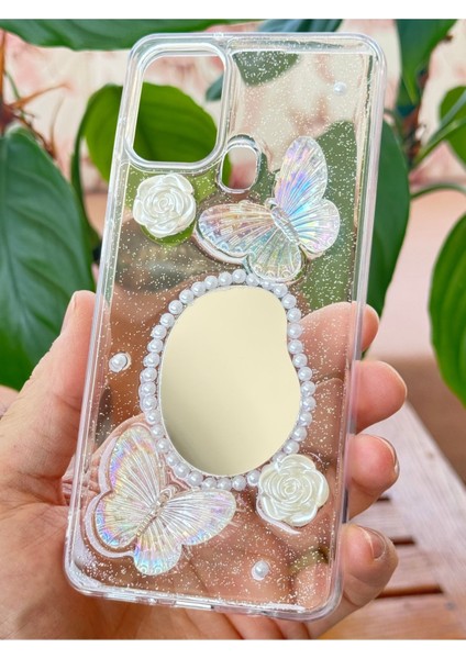 Samsung Galaxy A21S Kılıf 3D Kelebek Gül Desenli Aynalı Simli Şeffaf Tasarımlı Silikon Kapak modelleri