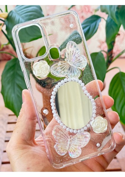 Samsung Galaxy A21S Kılıf 3D Kelebek Gül Desenli Aynalı Simli Şeffaf Tasarımlı Silikon Kapak