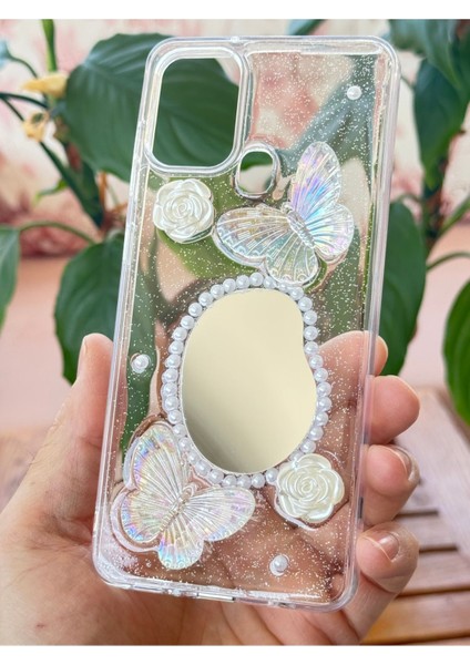 Samsung Galaxy A21S Kılıf 3D Kelebek Gül Desenli Aynalı Simli Şeffaf Tasarımlı Silikon Kapak