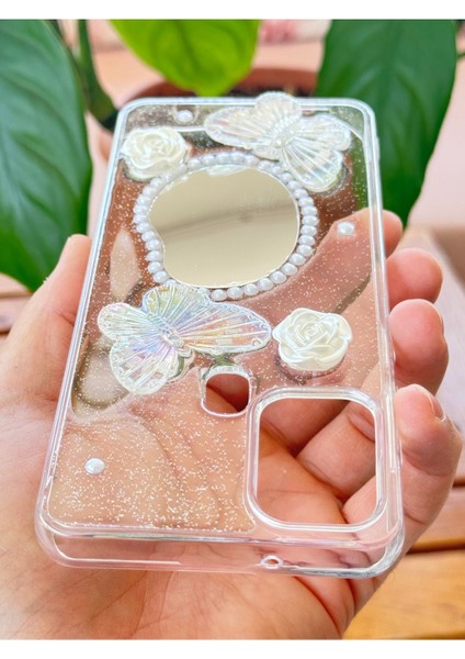Samsung Galaxy A21S Kılıf 3D Kelebek Gül Desenli Aynalı Simli Şeffaf Tasarımlı Silikon Kapak