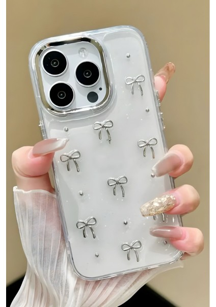 Apple iPhone 15 Pro Kılıf Fiyonk Desenli Şeffaf Simli Gümüş Kamera Çıkıntılı Parlak Kapak
