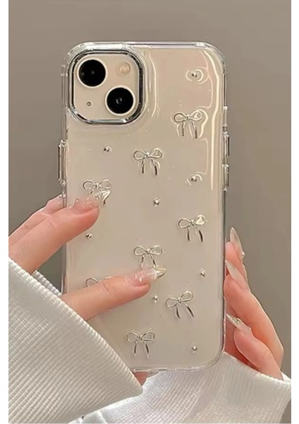 Apple iPhone 14 Plus Kılıf Fiyonk Desenli Şeffaf Simli Gümüş Kamera Çıkıntılı Parlak Kapak