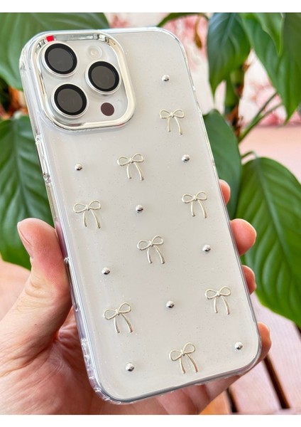 Apple iPhone 12 Pro Max Kılıf Fiyonk Desenli Şeffaf Simli Gümüş Kamera Çıkıntılı Parlak Kapak indirimleri