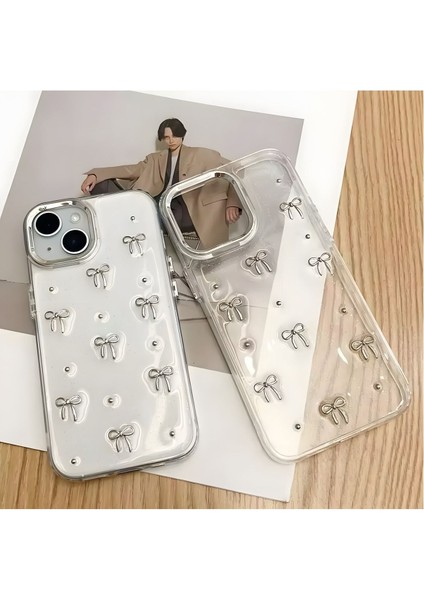 Apple iPhone 12/12 Pro Kılıf Fiyonk Desenli Şeffaf Simli Gümüş Kamera Çıkıntılı Parlak Kapak