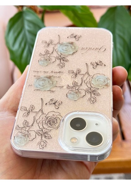 Apple iPhone 13/14 Uyumlu Kılıf Simli Beyaz Gül Desenli Renkli Parlak Darbe Emici Kapak