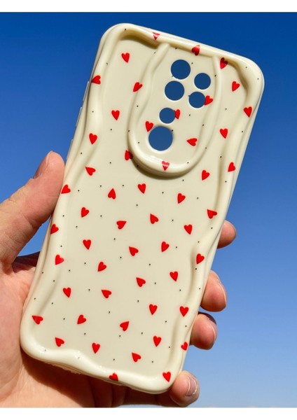 Xiaomi Redmi Note 8 Pro Kılıf Kamera Korumalı Dalga Kenarlı Kırmızı Kalp Desenli Silikon Kapak