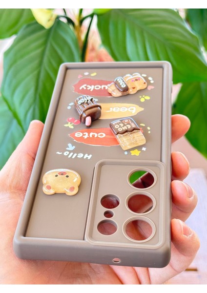 Samsung Galaxy S23 Ultra Kılıf Tasarımlı Desenli Kamera Korumalı Ayıcık Kahve Renkli Yumuşak Silikon