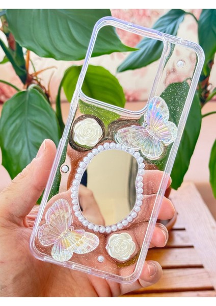 Xiaomi Redmi Note 13 Pro 4g Kılıf 3D Kelebek Gül Desenli Aynalı Simli Şeffaf Tasarımlı Silikon Kapak