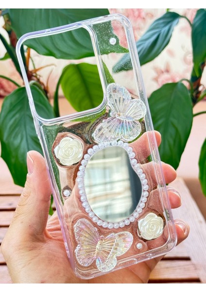 Xiaomi Redmi Note 13 Pro 4g Kılıf 3D Kelebek Gül Desenli Aynalı Simli Şeffaf Tasarımlı Silikon Kapak