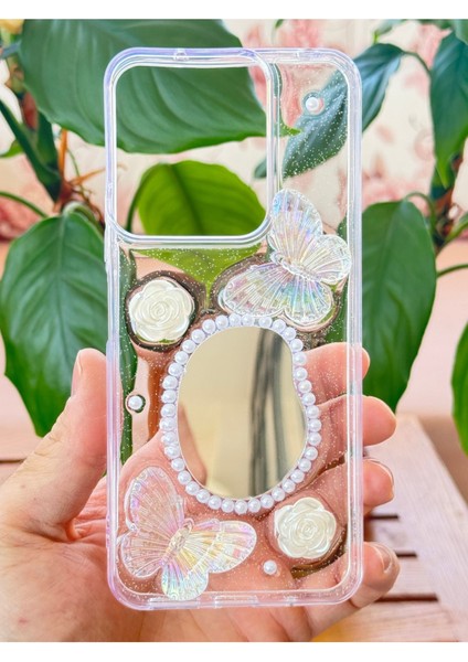 Xiaomi Redmi Note 13 Pro 4g Kılıf 3D Kelebek Gül Desenli Aynalı Simli Şeffaf Tasarımlı Silikon Kapak