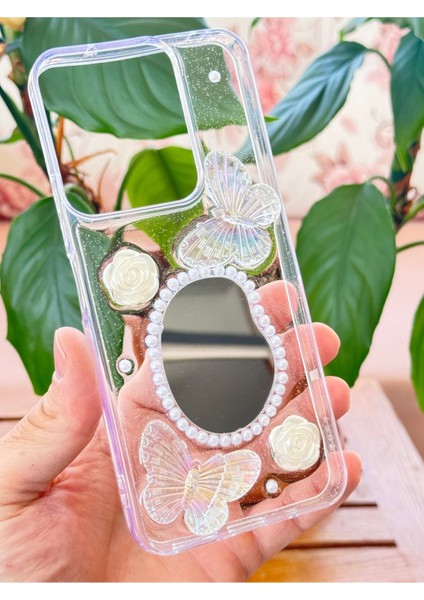 Xiaomi Redmi Note 13 Pro 4g Kılıf 3D Kelebek Gül Desenli Aynalı Simli Şeffaf Tasarımlı Silikon Kapak