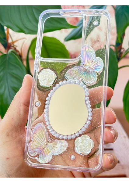 Xiaomi Redmi Note 13 Pro 4g Kılıf 3D Kelebek Gül Desenli Aynalı Simli Şeffaf Tasarımlı Silikon Kapak