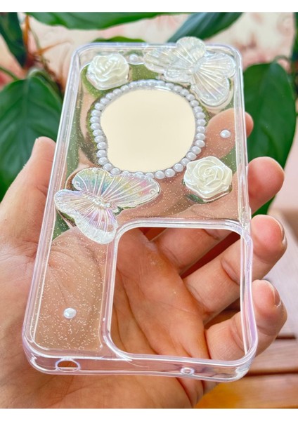 Xiaomi Redmi Note 13 Pro 4g Kılıf 3D Kelebek Gül Desenli Aynalı Simli Şeffaf Tasarımlı Silikon Kapak