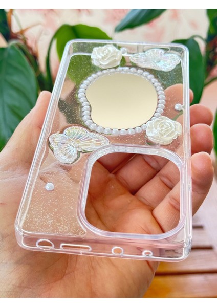 Xiaomi Redmi 13 4g Kılıf 3D Kelebek Gül Desenli Aynalı Simli Şeffaf Tasarımlı Silikon Kapak