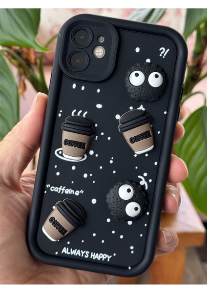 Apple iPhone 12 Uyumlu Kılıf Tasarımlı Desenli Kamera Korumalı Coffee Kurabiye Siyah Yumuşak Silikon Kapak