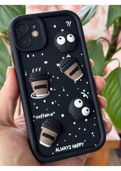 Apple iPhone 12 Uyumlu Kılıf Tasarımlı Desenli Kamera Korumalı Coffee Kurabiye Siyah Yumuşak Silikon Kapak