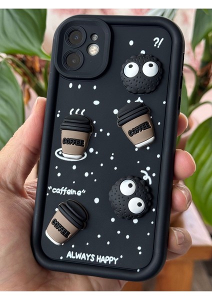 Apple iPhone 12 Uyumlu Kılıf Tasarımlı Desenli Kamera Korumalı Coffee Kurabiye Siyah Yumuşak Silikon Kapak