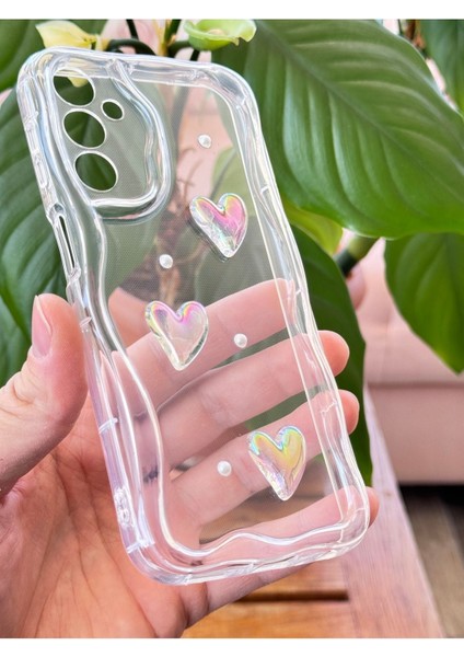 Samsung Galaxy A54 Kılıf 3D Kalpli Inci Tasarımlı Desenli Kamera Korumalı Şeffaf Silikon Kapak