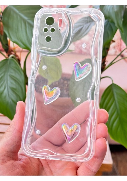 Redmi Note 10 - 10S Kılıf 3D Kalpli Inci Tasarımlı Desenli Kamera Korumalı Şeffaf Silikon Kapak