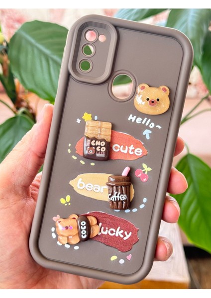 Samsung Galaxy M30S-M21 Kılıf Tasarımlı Desenli Kamera Korumalı Ayıcık Kahve Yumuşak Silikon Kapak