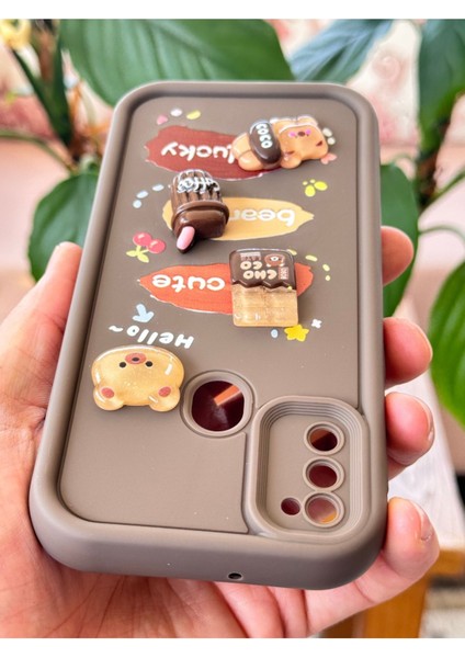 Samsung Galaxy M30S-M21 Kılıf Tasarımlı Desenli Kamera Korumalı Ayıcık Kahve Yumuşak Silikon Kapak
