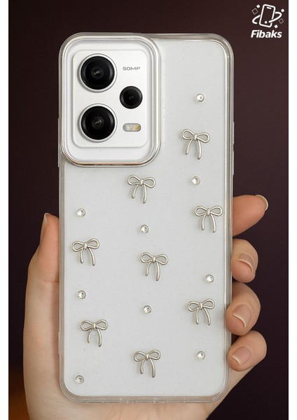 Xiaomi Redmi Note 12 Pro 5g Kılıf Fiyonk Desenli Şeffaf Simli Gümüş Kamera Çıkıntılı Parlak Kapak