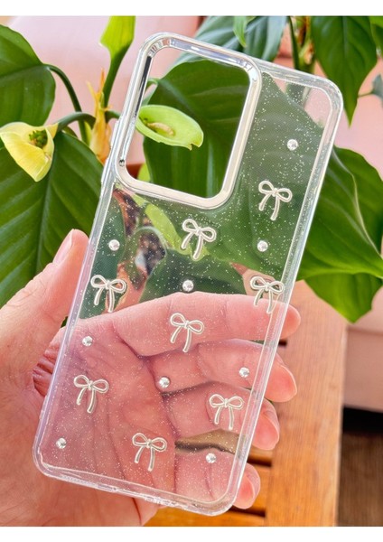 Xiaomi Redmi Note 12 Pro 5g Kılıf Fiyonk Desenli Şeffaf Simli Gümüş Kamera Çıkıntılı Parlak Kapak modelleri