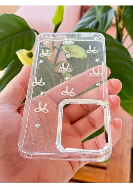 Xiaomi Redmi Note 12 Pro 5g Kılıf Fiyonk Desenli Şeffaf Simli Gümüş Kamera Çıkıntılı Parlak Kapak