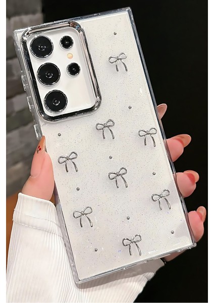Samsung Galaxy S25 Ultra Uyumlu Kılıf Fiyonk Desenli Şeffaf Simli Gümüş Kamera Çıkıntılı Parlak Kapak