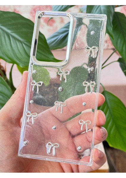 Samsung Galaxy S25 Ultra Uyumlu Kılıf Fiyonk Desenli Şeffaf Simli Gümüş Kamera Çıkıntılı Parlak Kapak