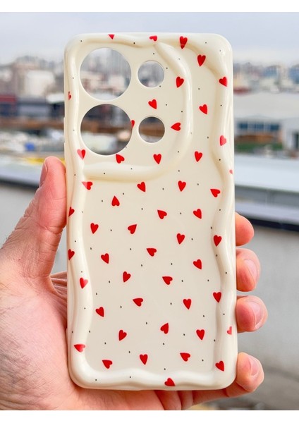 Poco M6 Pro 4g Kılıf Kamera Korumalı Dalga Kenarlı Kırmızı Kalp Desenli Silikon Kapak