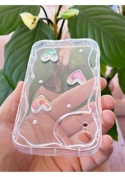 Apple iPhone Xr Kılıf 3D Kalpli Inci Tasarımlı Desenli Kamera Korumalı Şeffaf Silikon Kapak