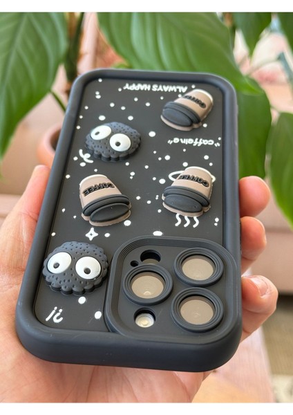 Apple iPhone 14 Pro Kılıf Tasarımlı Desenli Kamera Korumalı Coffee Kurabiye Siyah Yumuşak Silikon Kapak